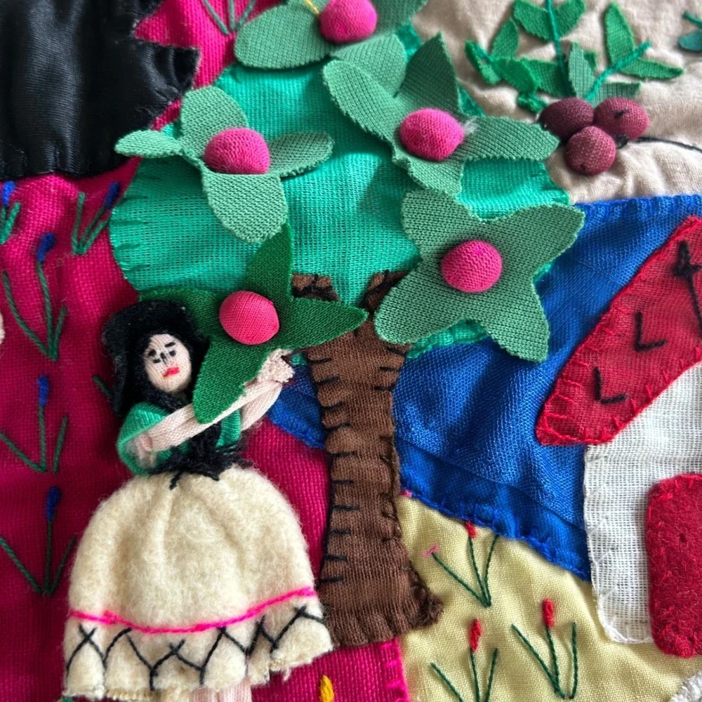 Vintage Handmade Peruvian Arpillera Folk Art Wall Hanging 3D Llama Village Fruit